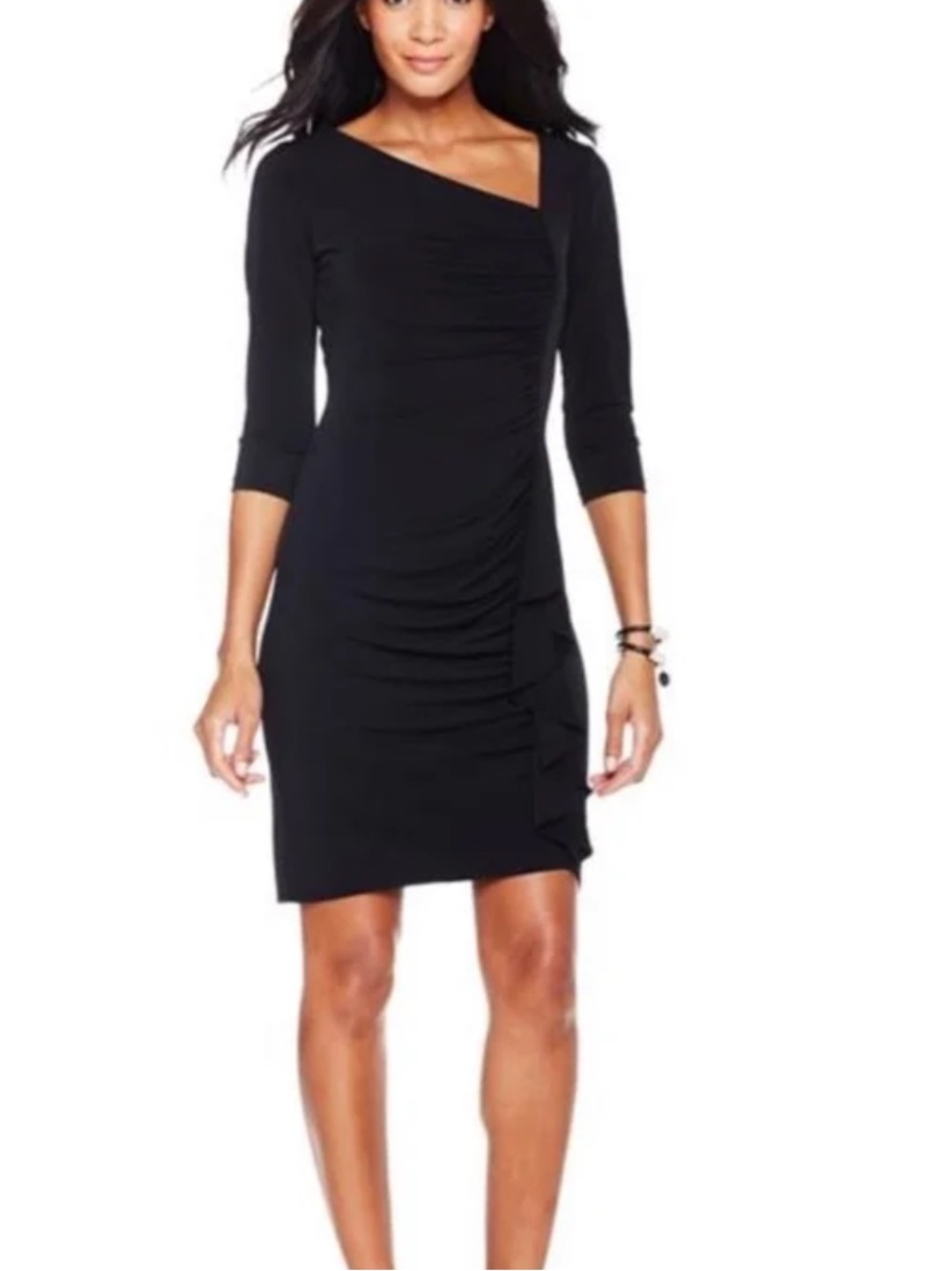 David Meister Black Asymmetrical Ruched Sheath Dress